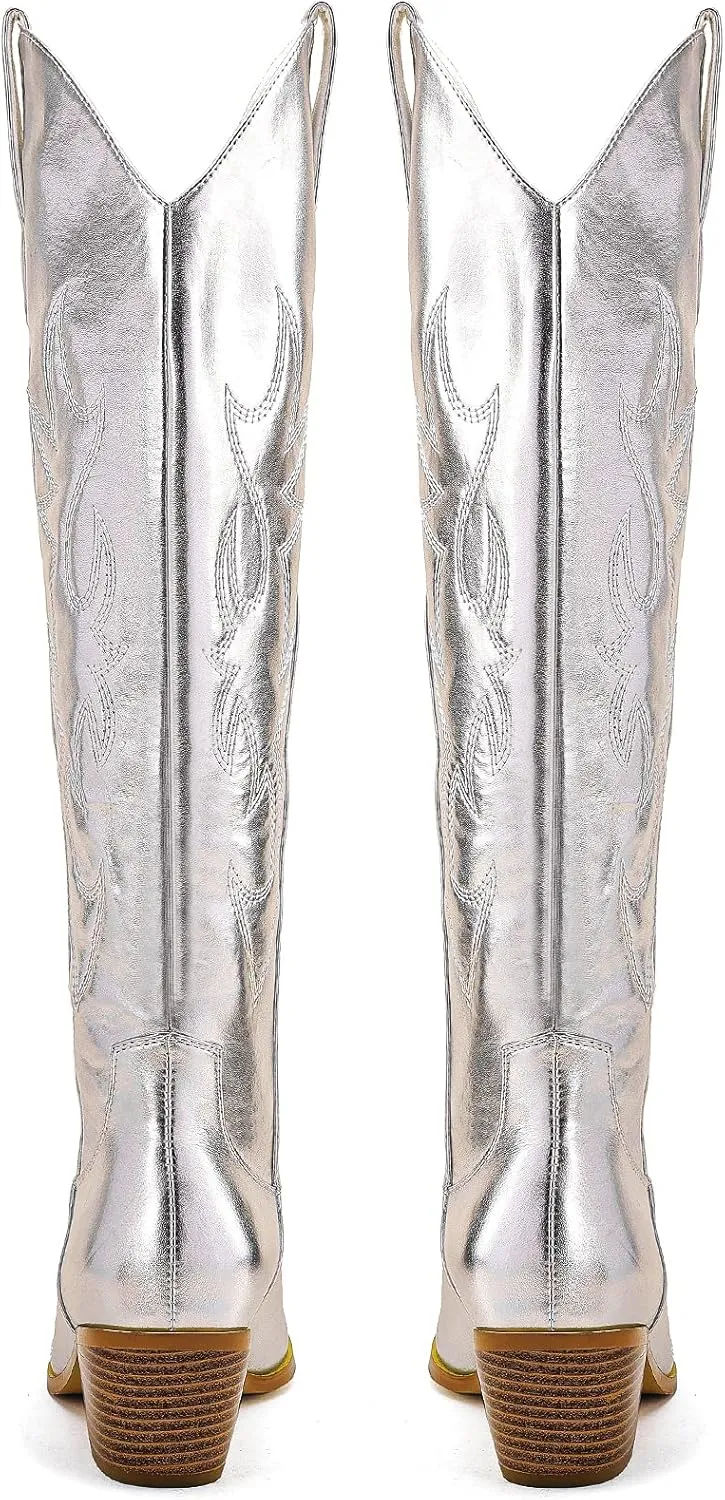 STALOV Cowboy Boots for Women,Western Pointed Toe Chunky Heel Pull-On Knee High Cowgirl Boots Fashion Embroidered Tall
