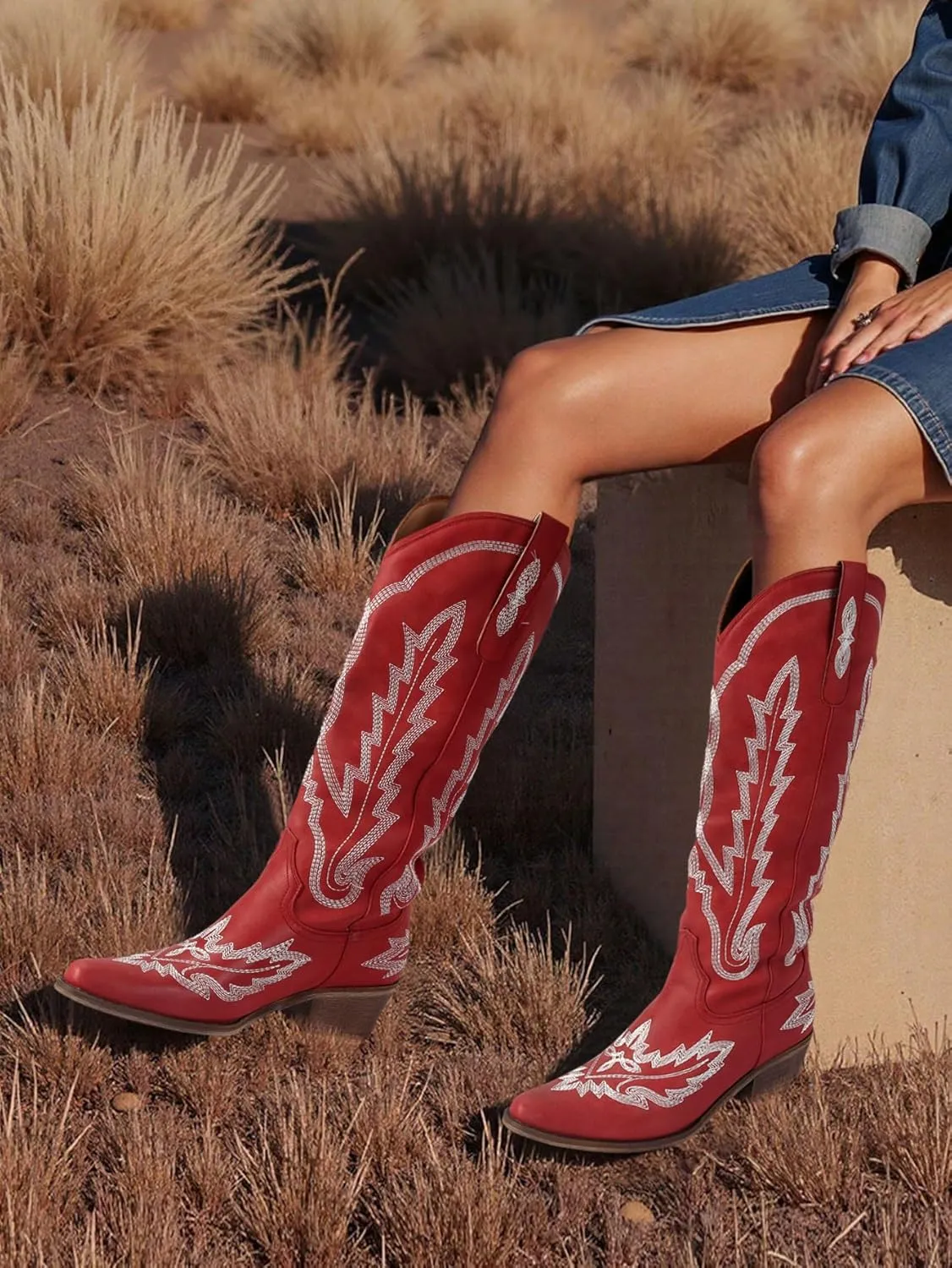 STALOV Cowboy Boots for Women,Western Pointed Toe Chunky Heel Pull-On Knee High Cowgirl Boots Fashion Embroidered Tall
