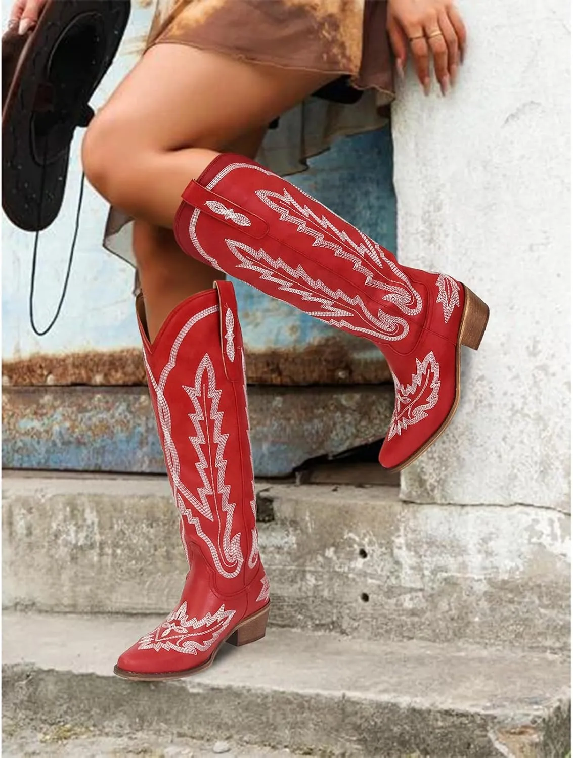 STALOV Cowboy Boots for Women,Western Pointed Toe Chunky Heel Pull-On Knee High Cowgirl Boots Fashion Embroidered Tall