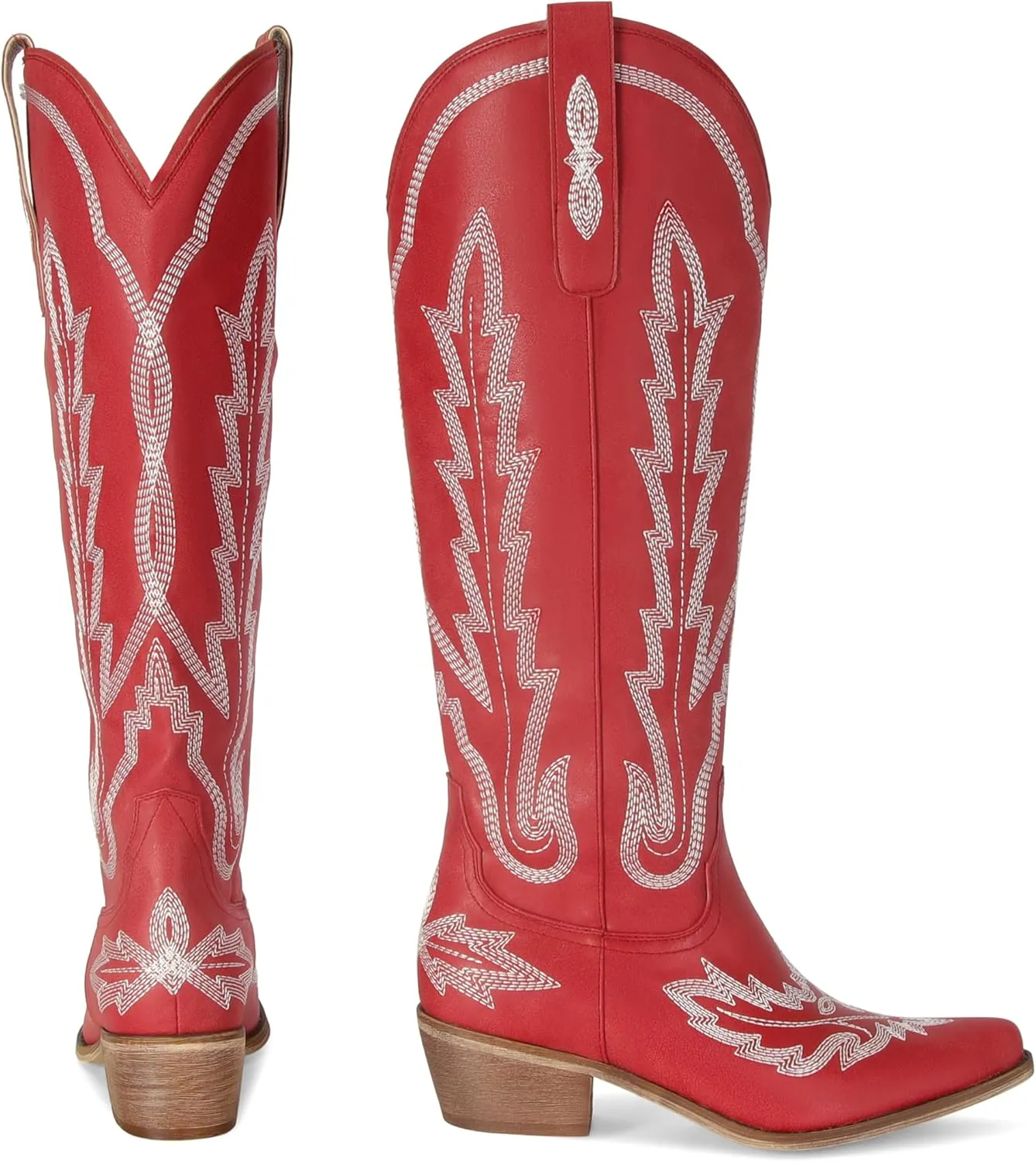 STALOV Cowboy Boots for Women,Western Pointed Toe Chunky Heel Pull-On Knee High Cowgirl Boots Fashion Embroidered Tall
