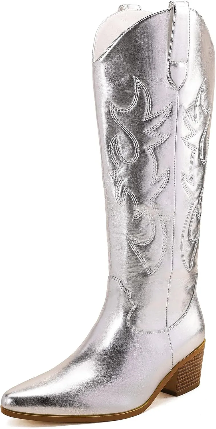 STALOV Cowboy Boots for Women,Western Pointed Toe Chunky Heel Pull-On Knee High Cowgirl Boots Fashion Embroidered Tall