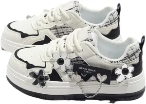 Stand Out from The Crowd! - Korean Ins Trendy Flower & Chain Decor Sneakers - Black/Pink & White Color Block Design | Thick Platform Shoes with Cloud Chunky Sole, Ideal for Students & Campus Outfits