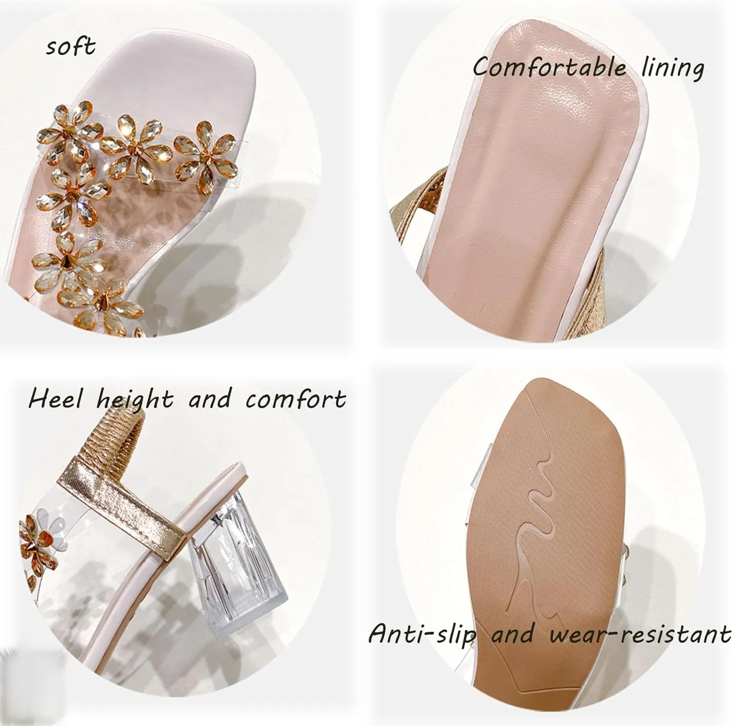 StoneLiquid Women's Flower Rhinestone Block Heel Sandals, Clear Floral Crystal Block Heel Sandals Square Elastic Open Toe High Heels Shoes