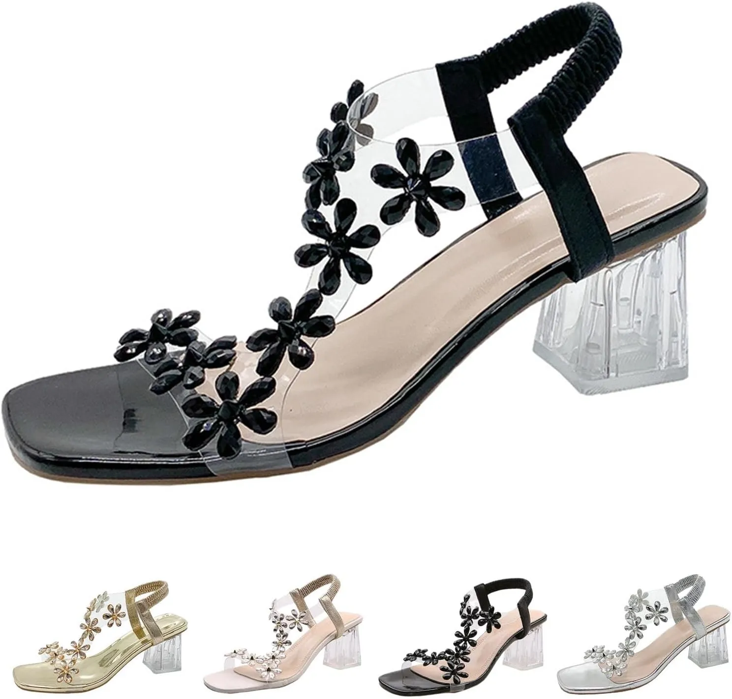 StoneLiquid Women's Flower Rhinestone Block Heel Sandals, Clear Floral Crystal Block Heel Sandals Square Elastic Open Toe High Heels Shoes