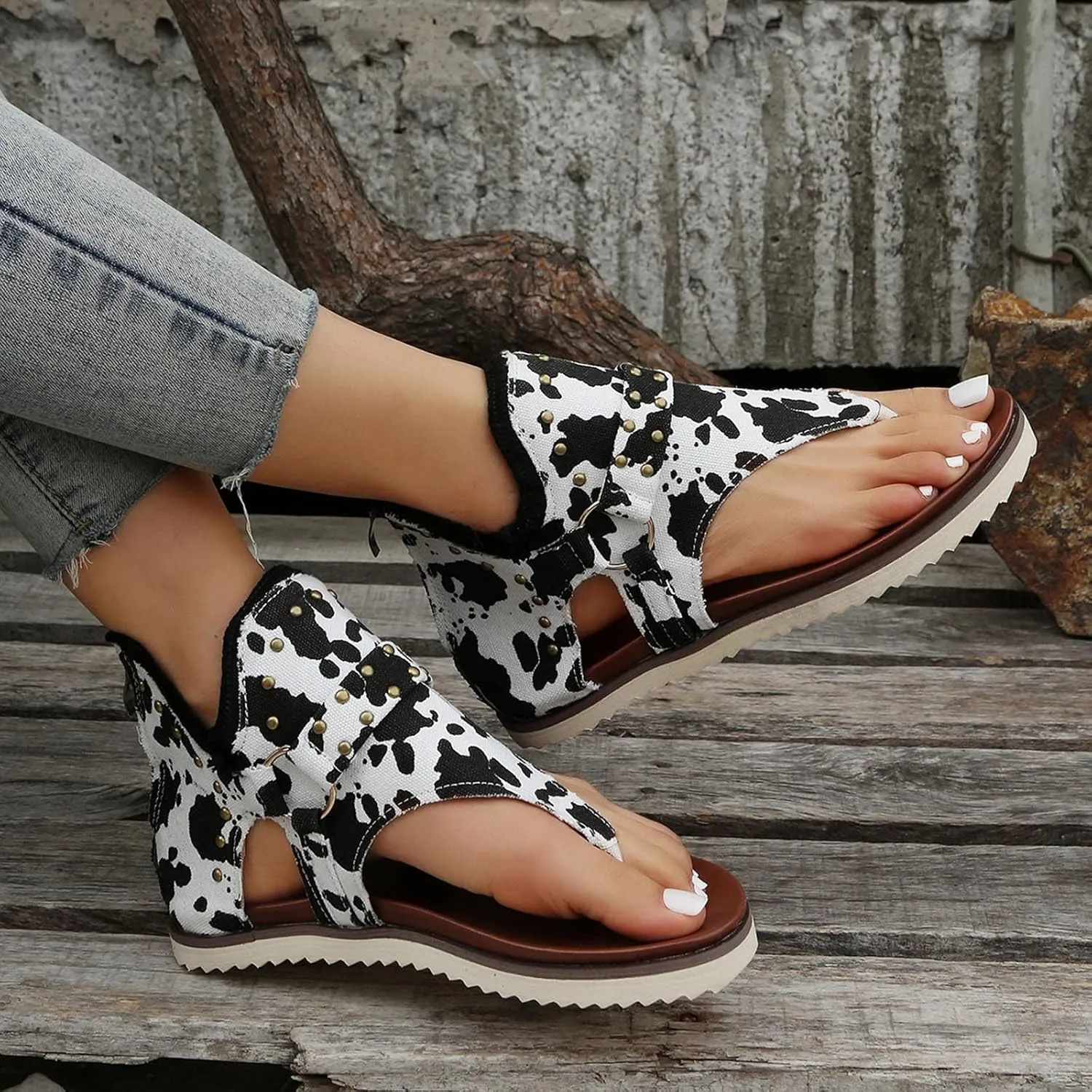 Summer Sandals for Women Cow Print Gladiator Sandals Trendy Open Toe Ankle Zip Casual Vacatior Shoes