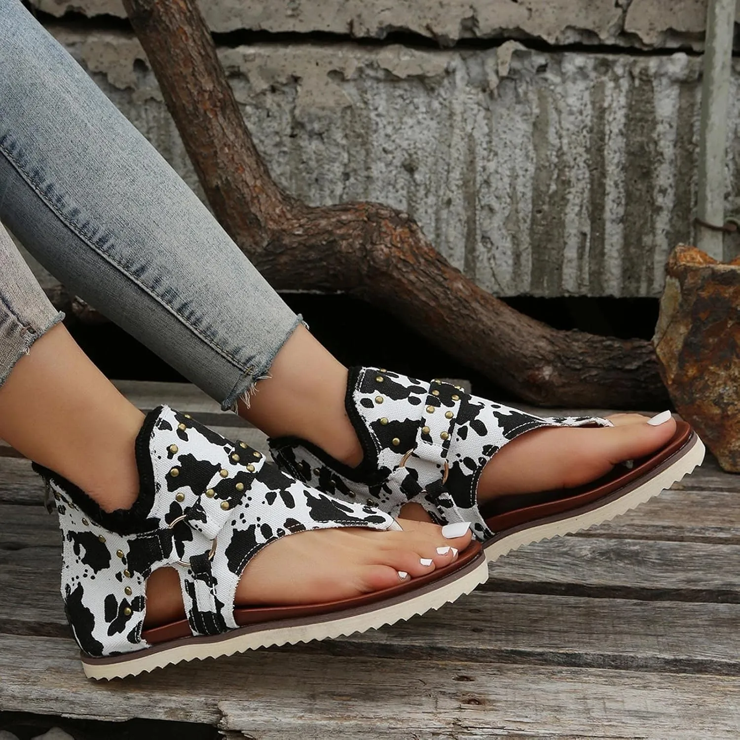 Summer Sandals for Women Cow Print Gladiator Sandals Trendy Open Toe Ankle Zip Casual Vacatior Shoes