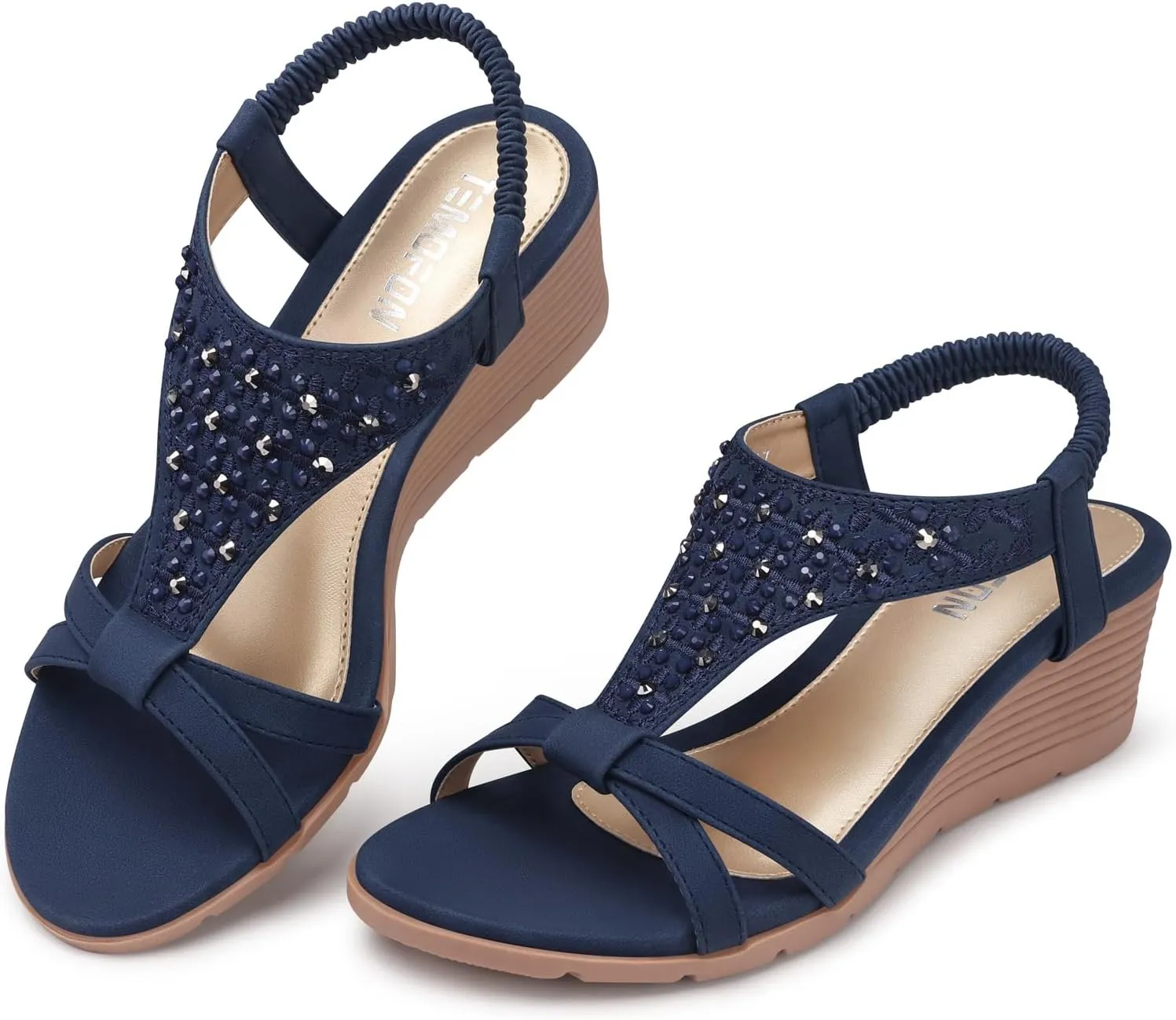 TEMOFON Women's Low Wedge Heels Summer Dressy Platform Sandals Elastic Ankle Strap Open Toe Flower Shoes