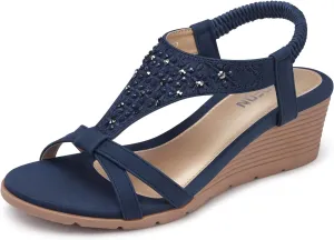 TEMOFON Women's Low Wedge Heels Summer Dressy Platform Sandals Elastic Ankle Strap Open Toe Flower Shoes