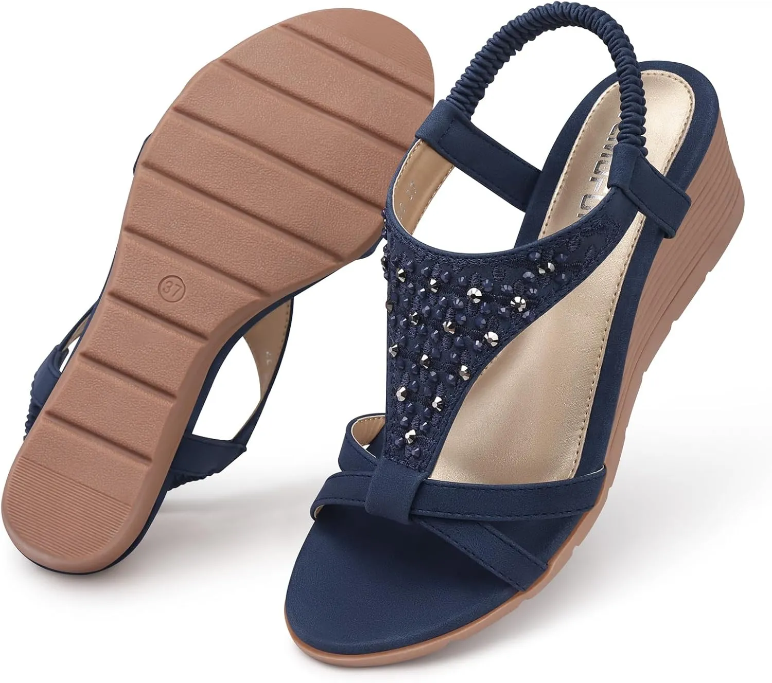 TEMOFON Women's Low Wedge Heels Summer Dressy Platform Sandals Elastic Ankle Strap Open Toe Flower Shoes