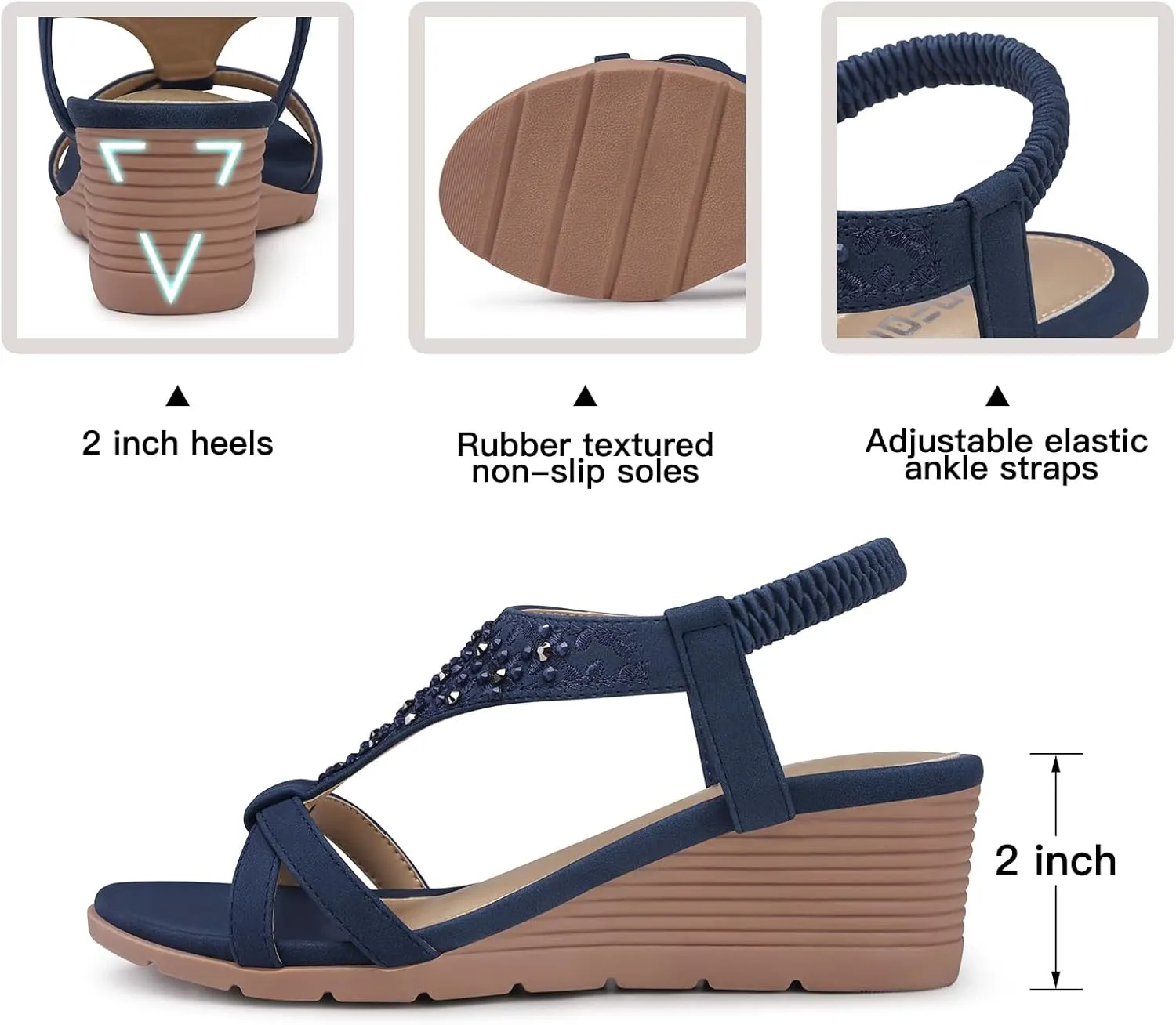 TEMOFON Women's Low Wedge Heels Summer Dressy Platform Sandals Elastic Ankle Strap Open Toe Flower Shoes