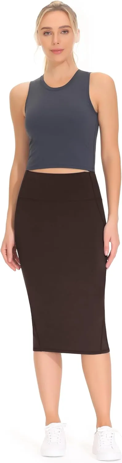 THE GYM PEOPLE Women's High Waist Tummy Control Pencil Skirts Stretchy Bodycon Midi Skirt Below Knee with Back Slit