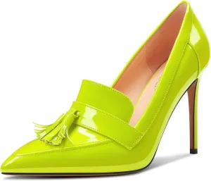 TNYNFBEB Womens Stiletto High Heel Pointed Toe Pumps Tassel Loafers Shoes Slip-on Prom Dress Patent Leather 3.9 Inches Heels