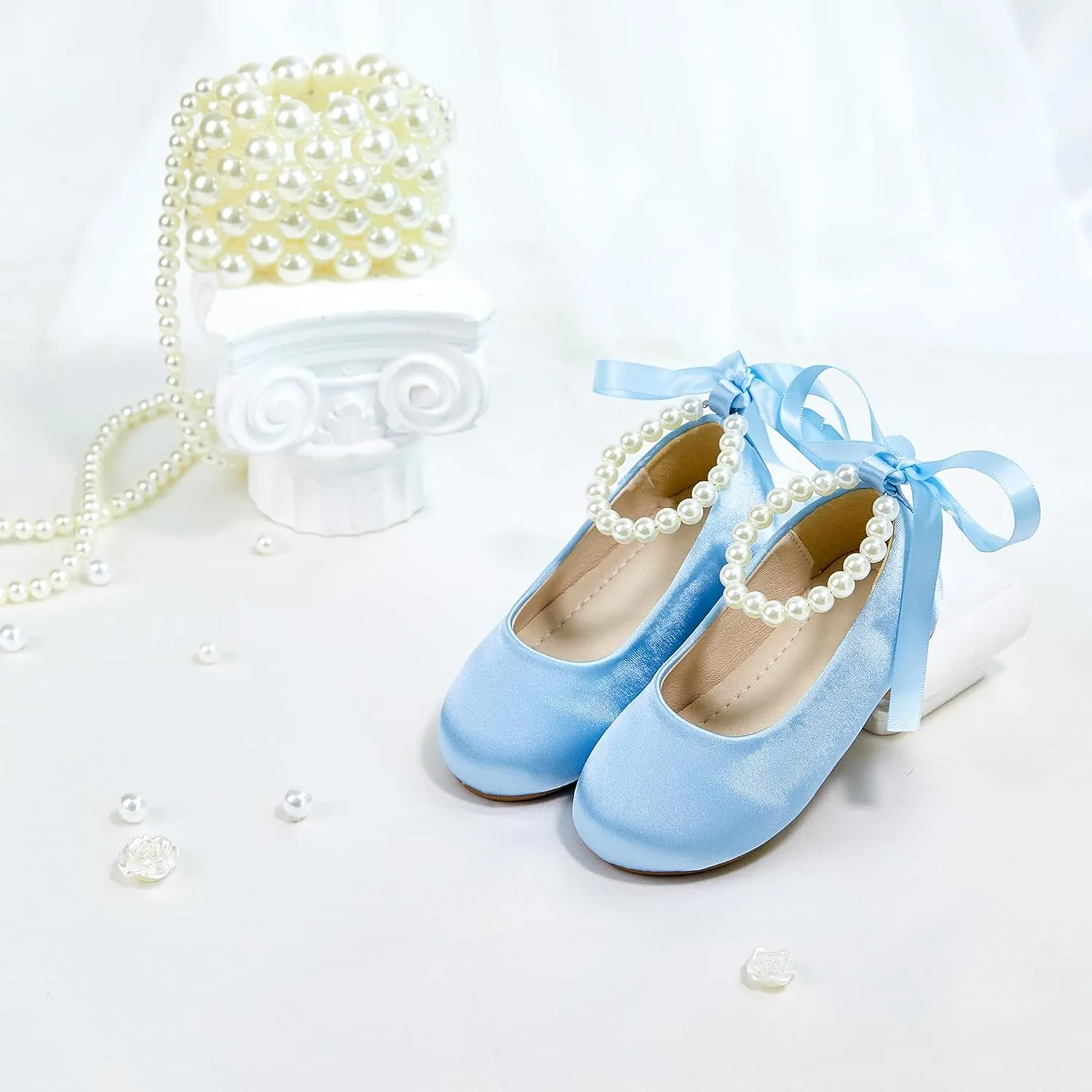 Toddler Flower Girl Dress Shoes - Little Girl Ballet Flats Pearl Strap for Wedding Party