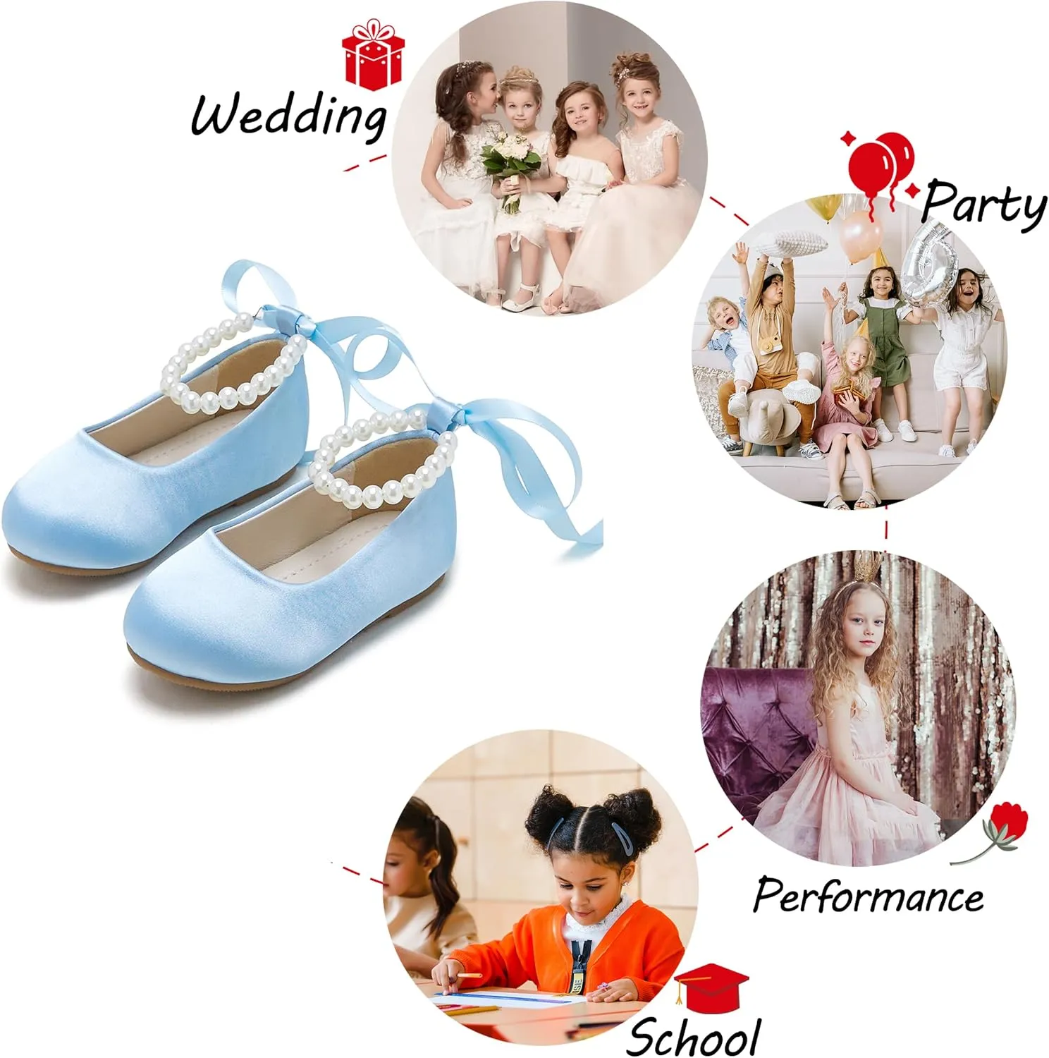 Toddler Flower Girl Dress Shoes - Little Girl Ballet Flats Pearl Strap for Wedding Party