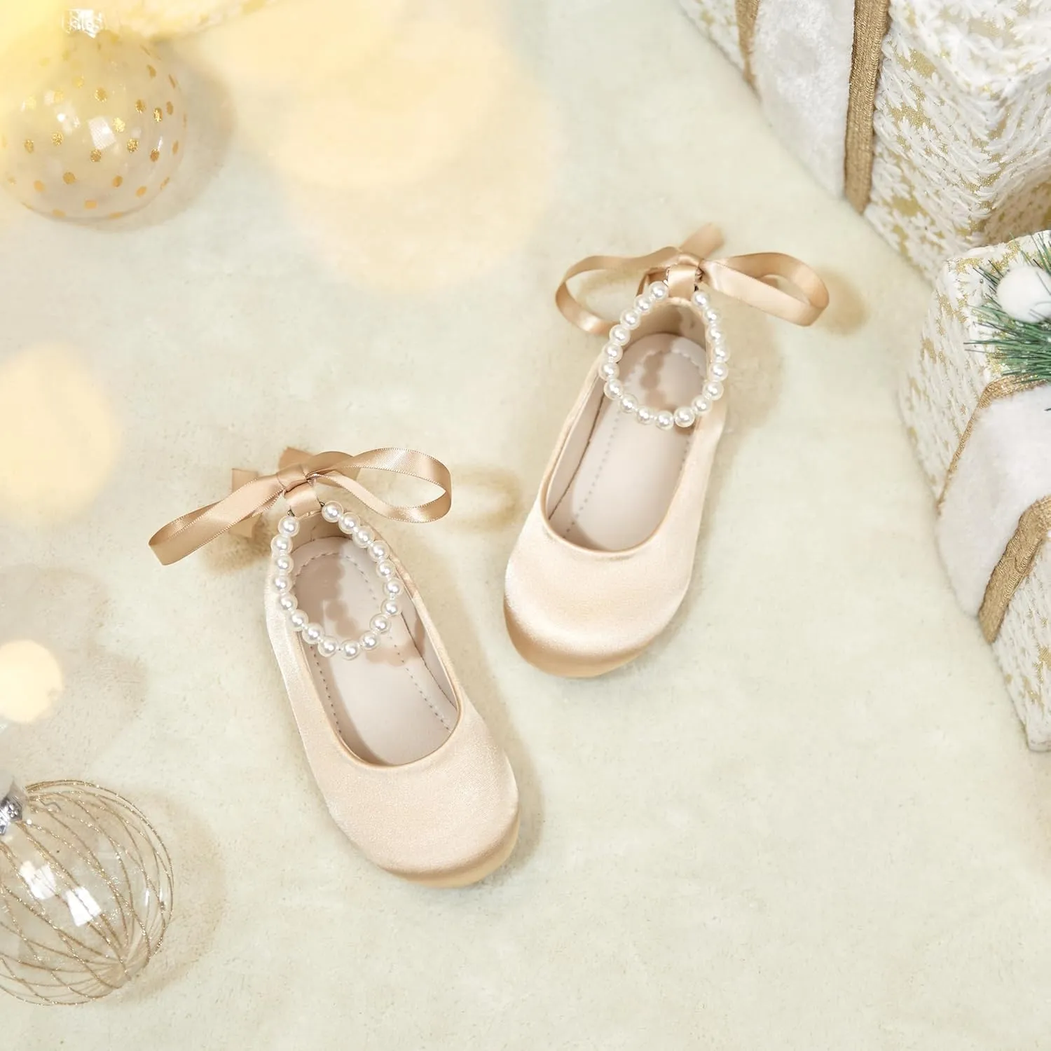 Toddler Flower Girl Dress Shoes - Little Girl Ballet Flats Pearl Strap for Wedding Party