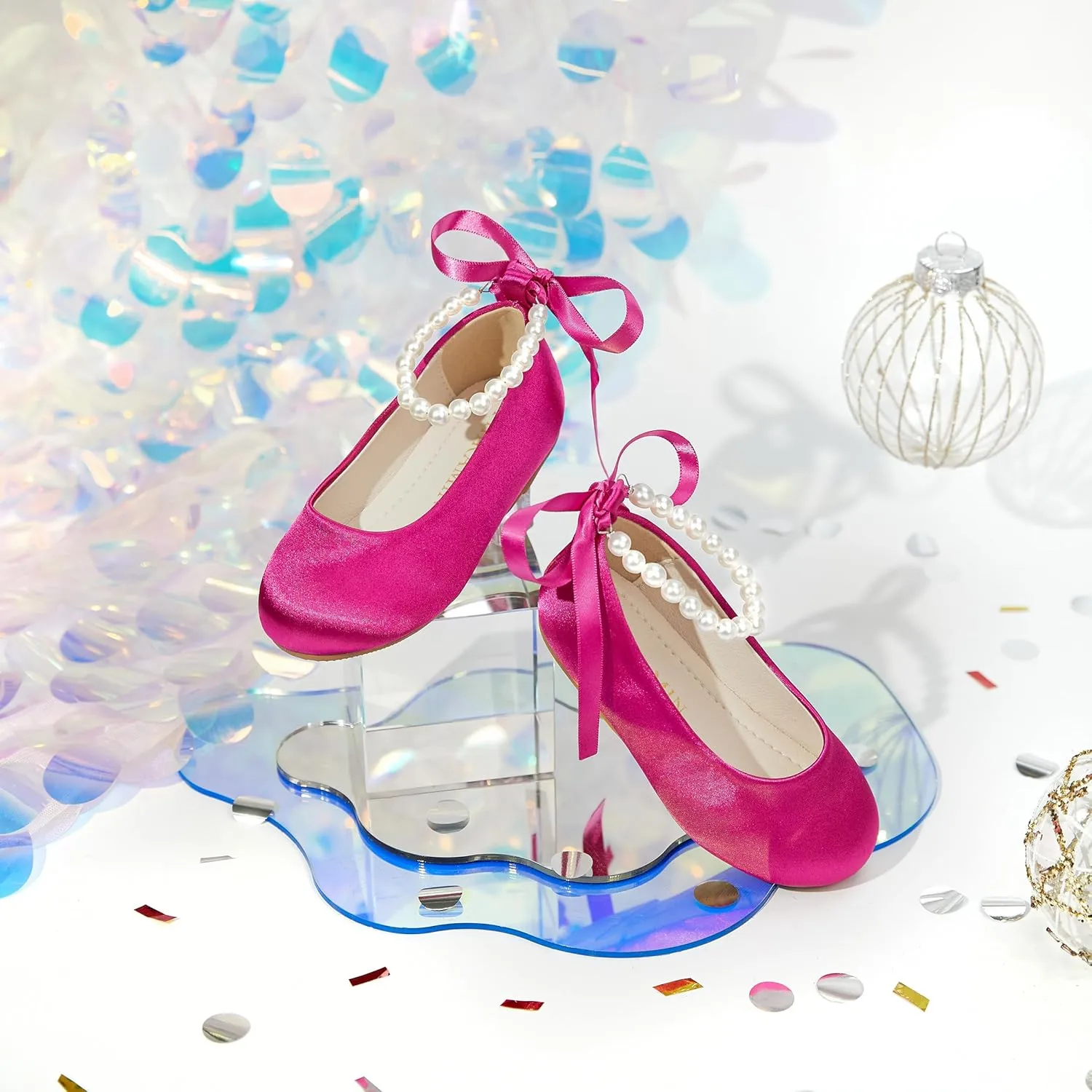 Toddler Flower Girl Dress Shoes - Little Girl Ballet Flats Pearl Strap for Wedding Party