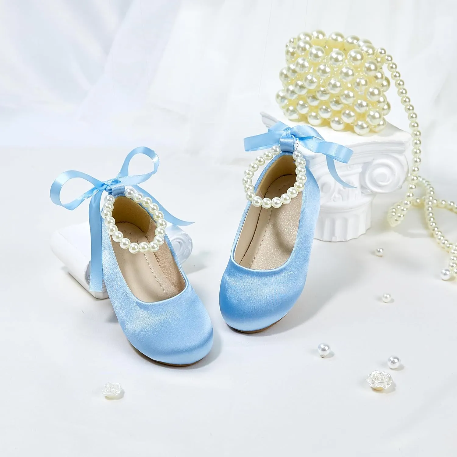 Toddler Flower Girl Dress Shoes - Little Girl Ballet Flats Pearl Strap for Wedding Party