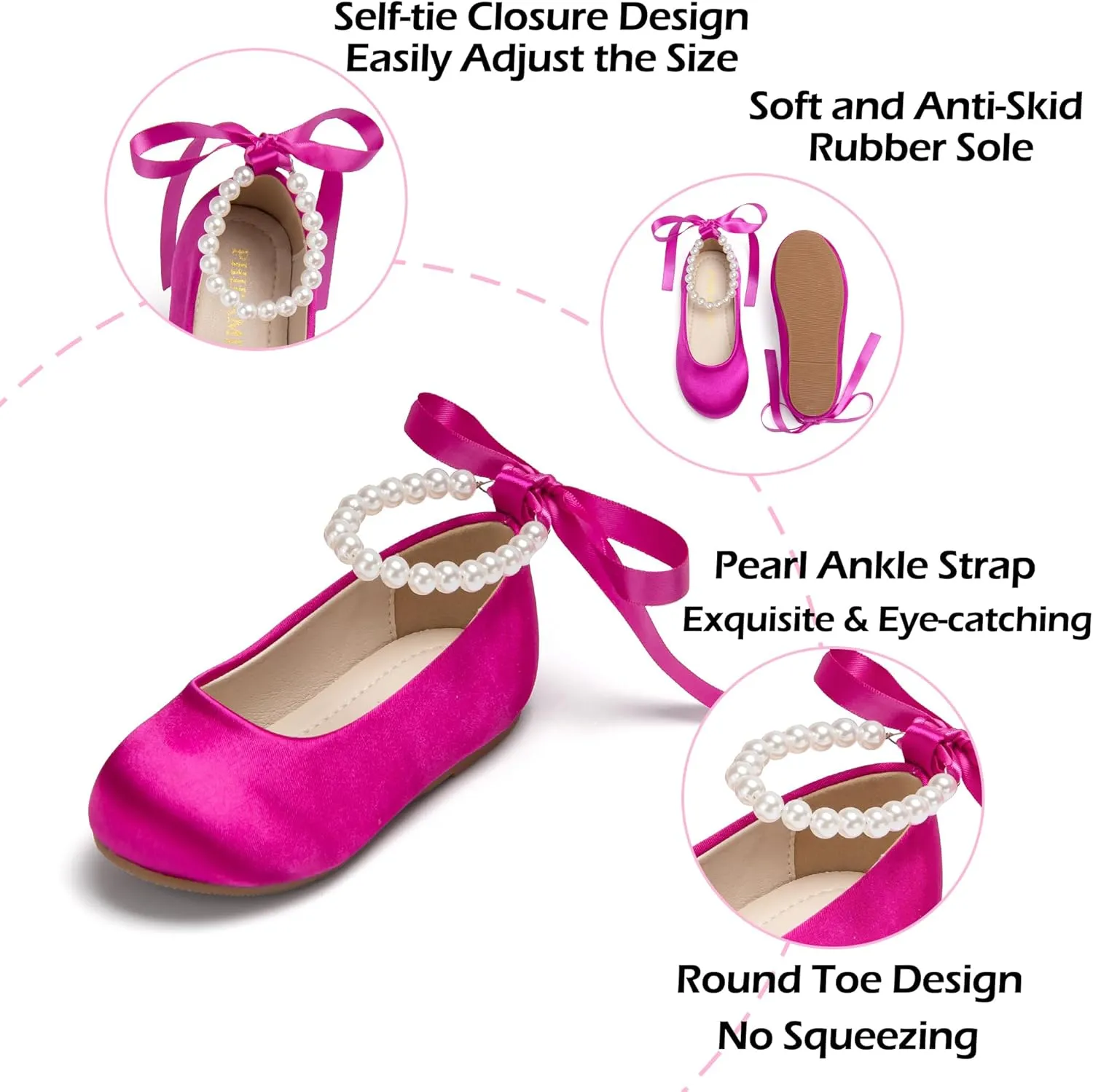 Toddler Flower Girl Dress Shoes - Little Girl Ballet Flats Pearl Strap for Wedding Party