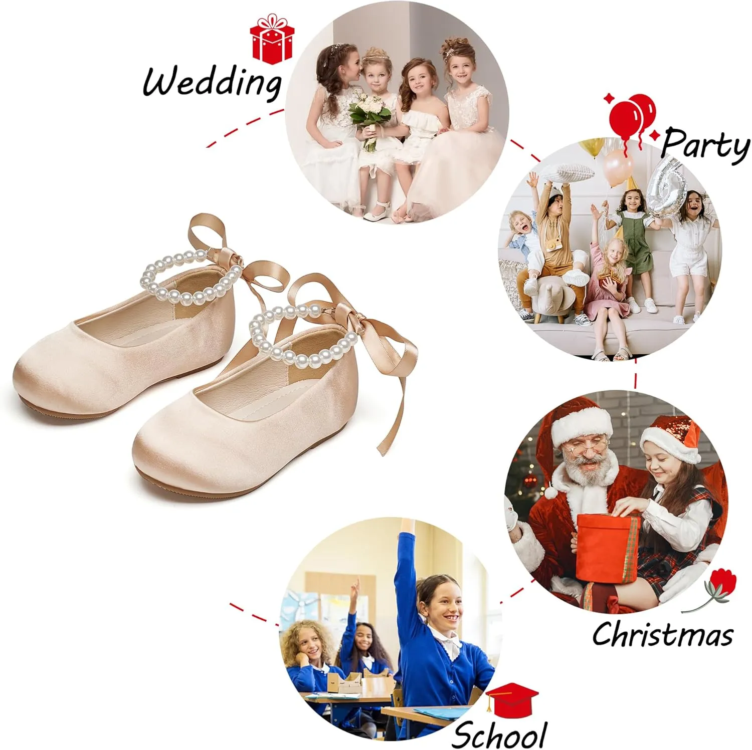Toddler Flower Girl Dress Shoes - Little Girl Ballet Flats Pearl Strap for Wedding Party