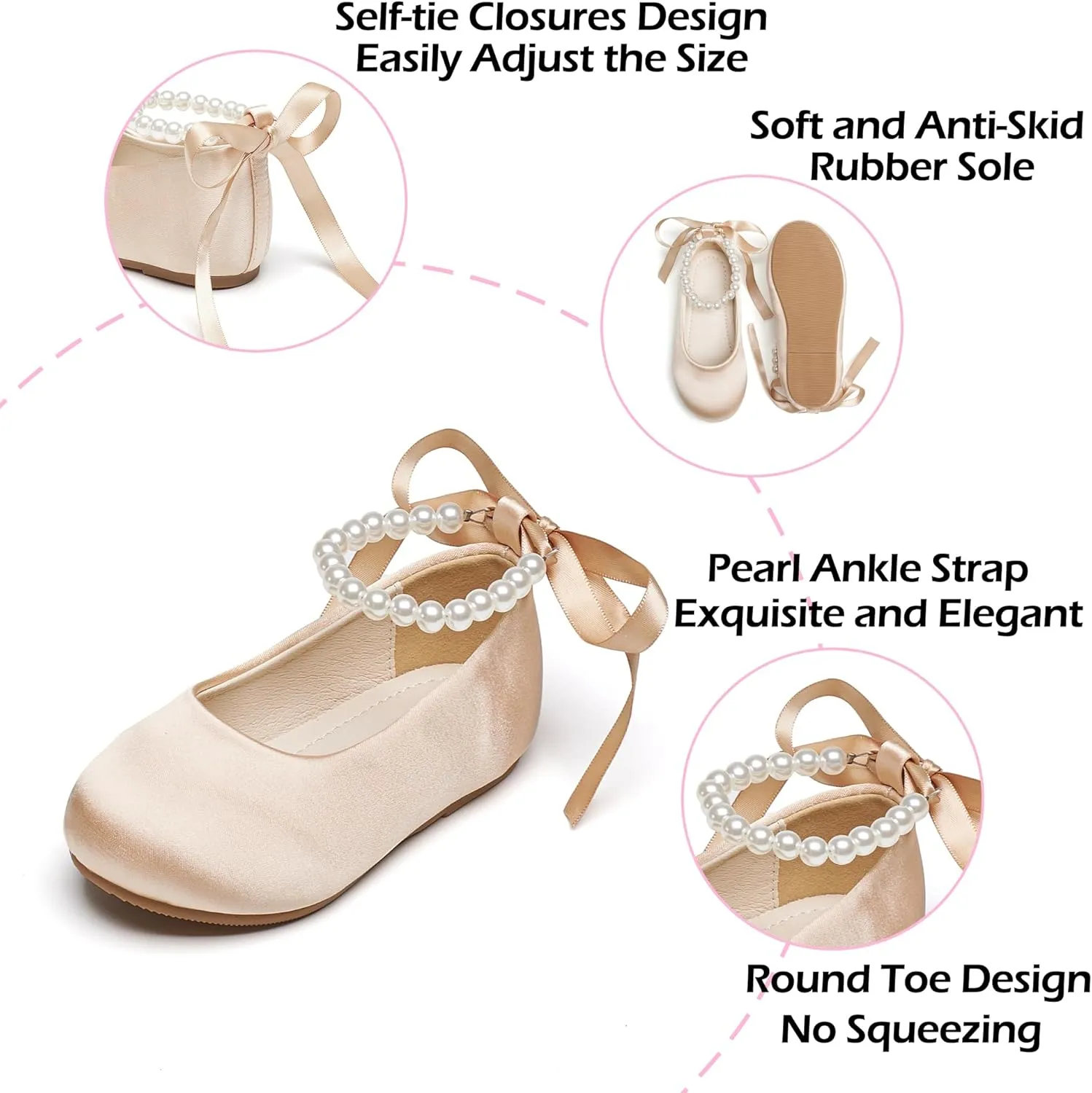 Toddler Flower Girl Dress Shoes - Little Girl Ballet Flats Pearl Strap for Wedding Party
