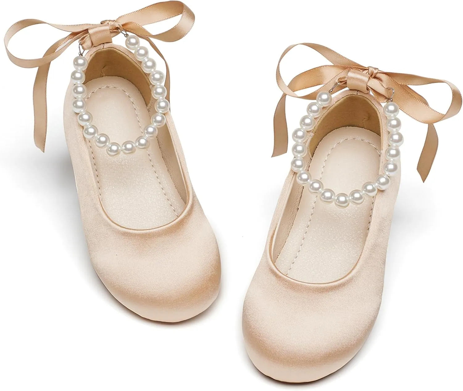 Toddler Flower Girl Dress Shoes - Little Girl Ballet Flats Pearl Strap for Wedding Party