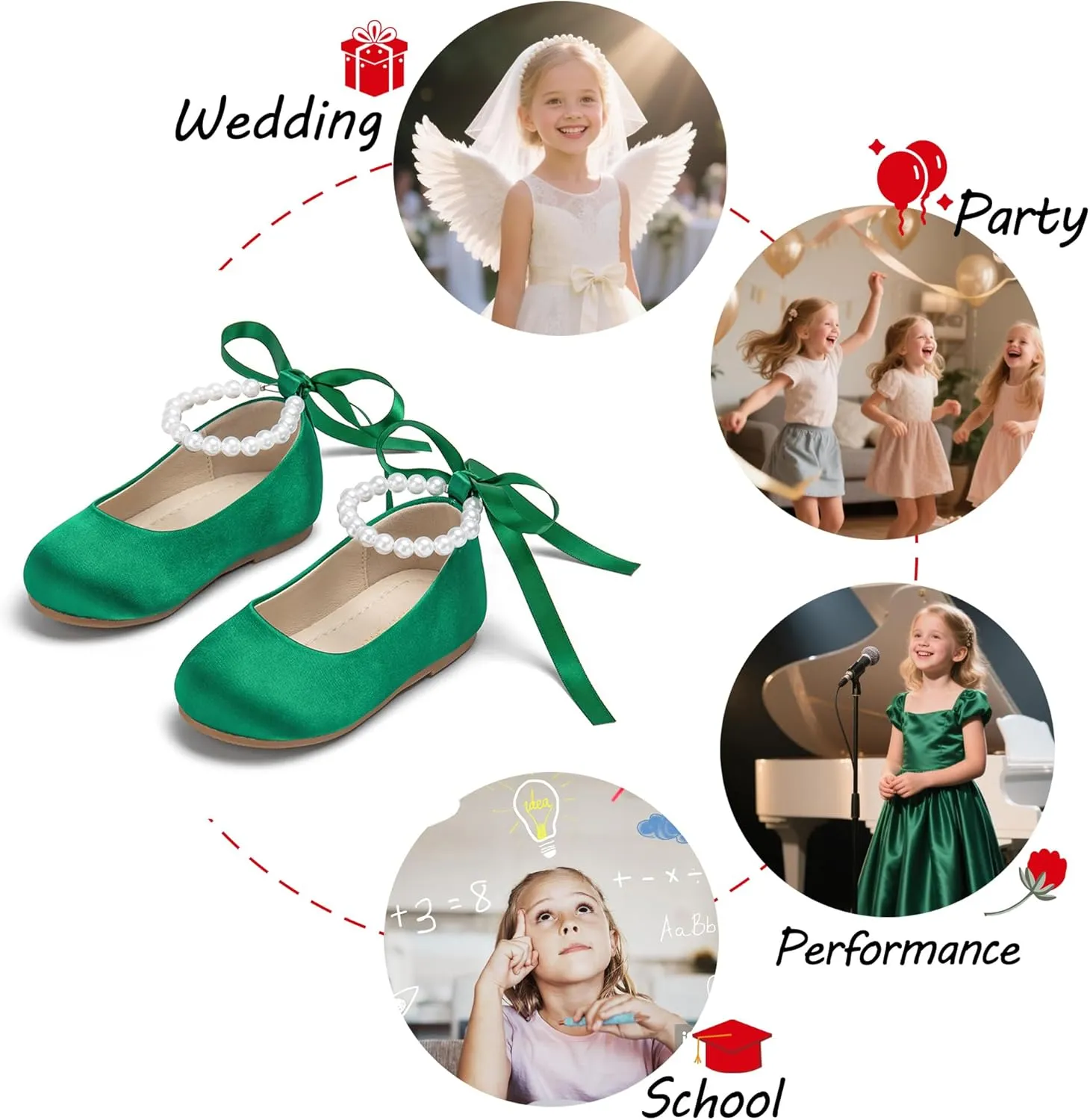 Toddler Flower Girl Dress Shoes - Little Girl Ballet Flats Pearl Strap for Wedding Party