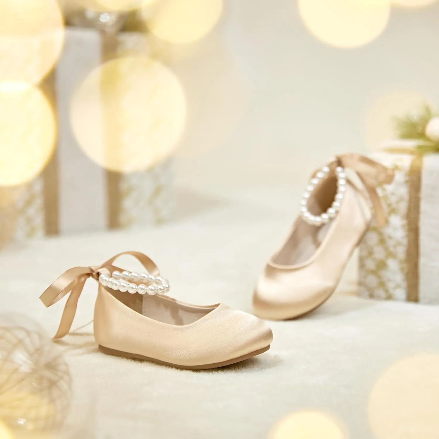 Toddler Flower Girl Dress Shoes - Little Girl Ballet Flats Pearl Strap for Wedding Party