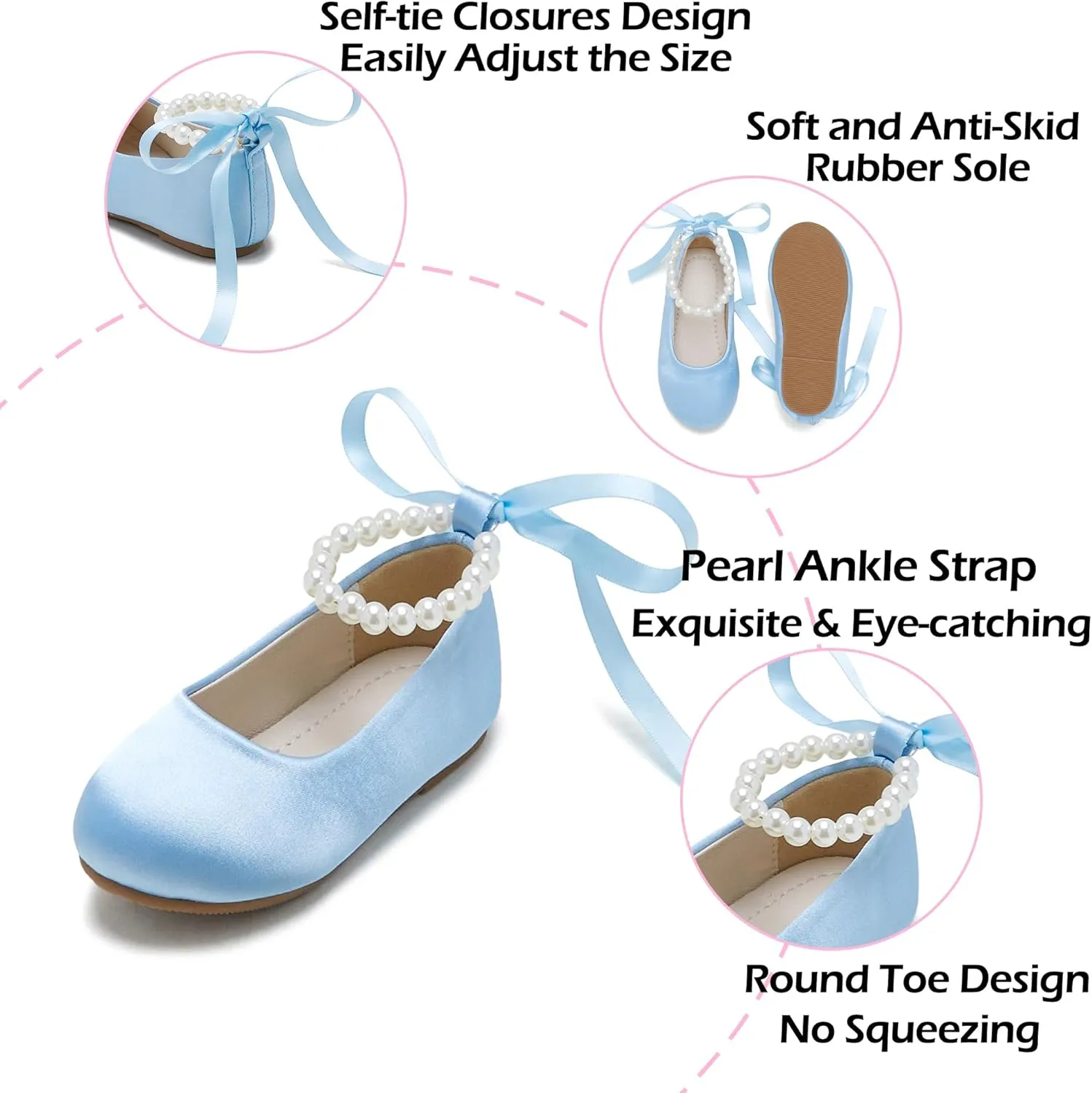 Toddler Flower Girl Dress Shoes - Little Girl Ballet Flats Pearl Strap for Wedding Party