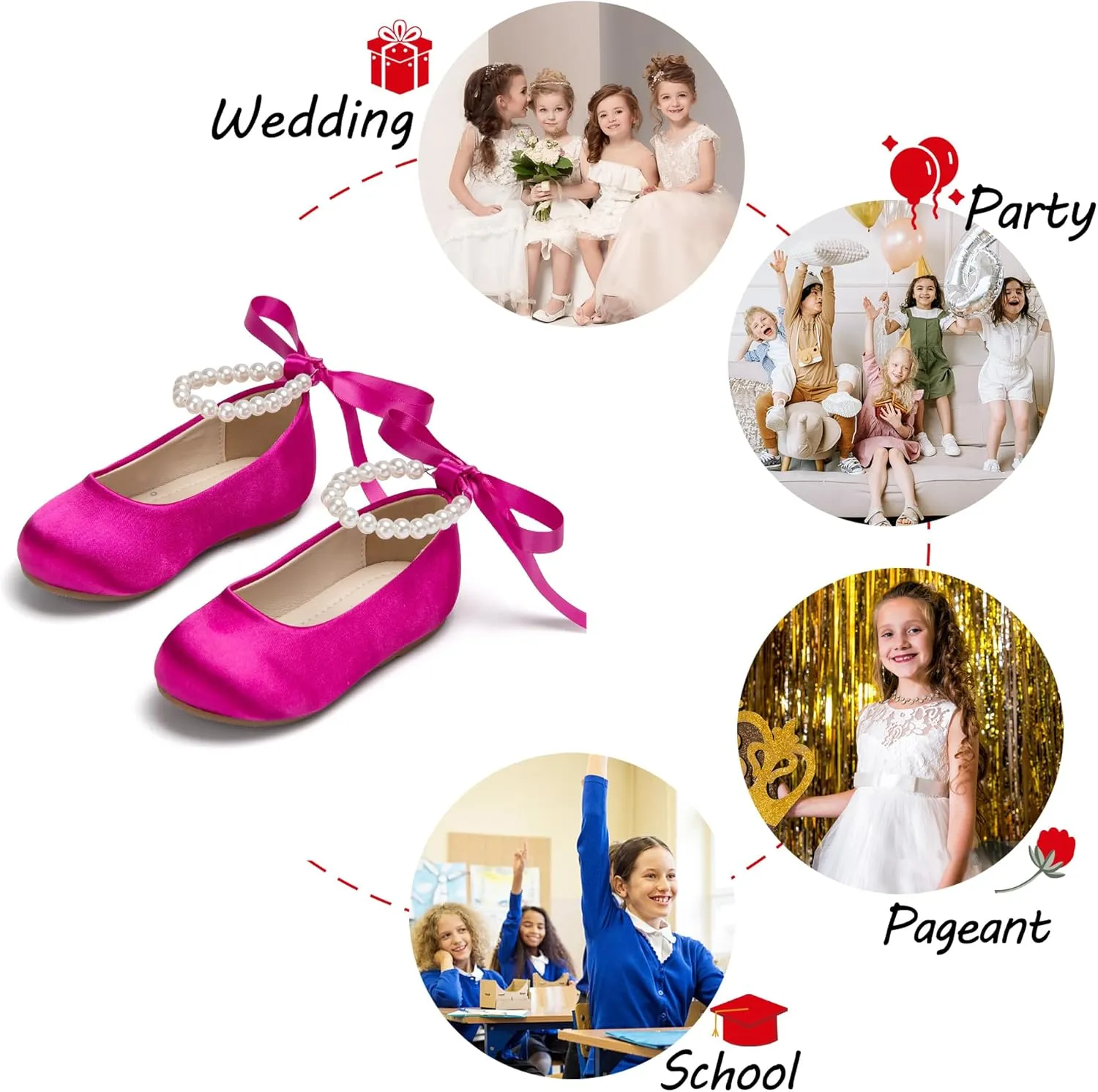 Toddler Flower Girl Dress Shoes - Little Girl Ballet Flats Pearl Strap for Wedding Party