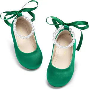 Toddler Flower Girl Dress Shoes - Little Girl Ballet Flats Pearl Strap for Wedding Party