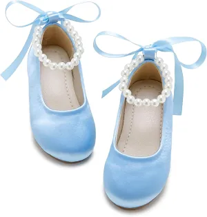Toddler Flower Girl Dress Shoes - Little Girl Ballet Flats Pearl Strap for Wedding Party