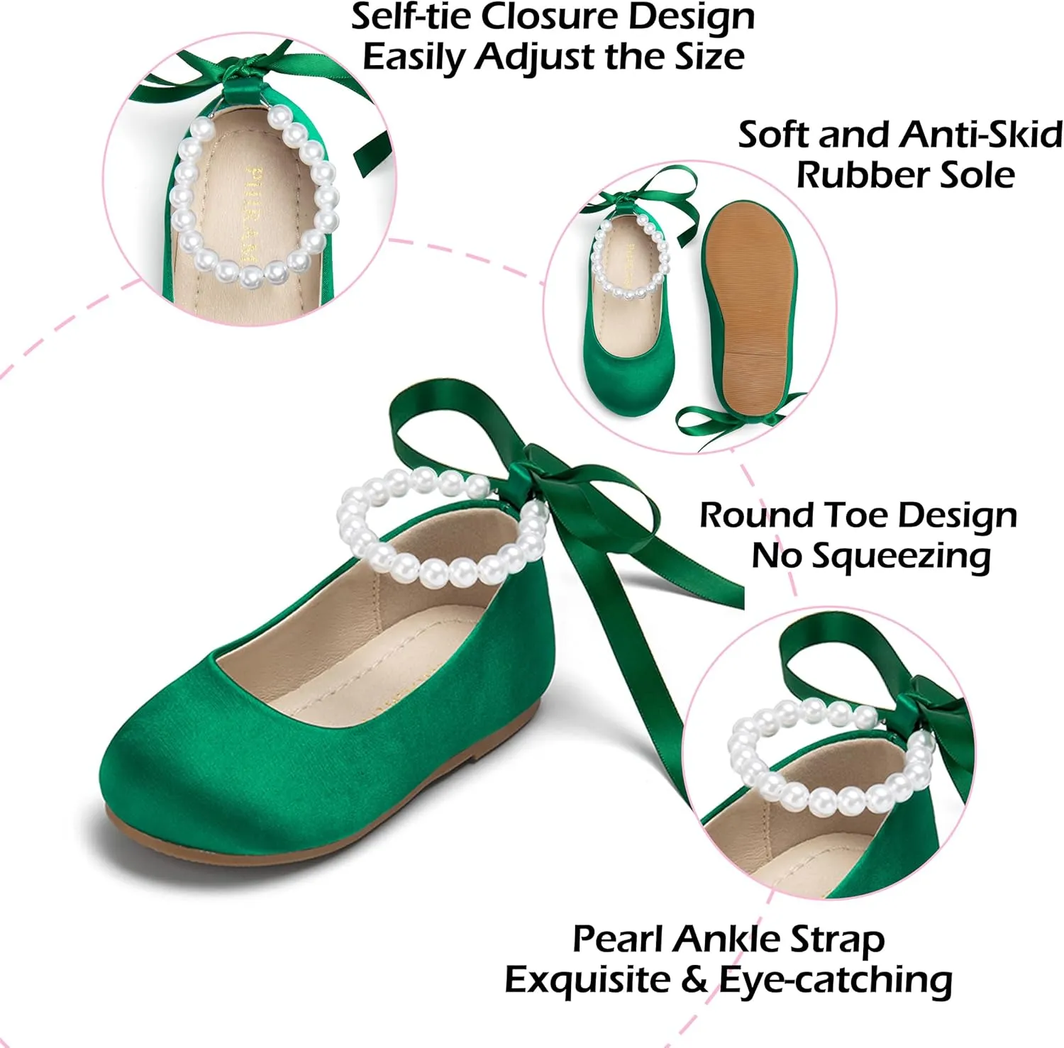 Toddler Flower Girl Dress Shoes - Little Girl Ballet Flats Pearl Strap for Wedding Party