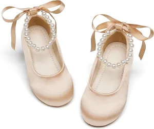 Toddler Flower Girl Dress Shoes - Little Girl Ballet Flats Pearl Strap for Wedding Party