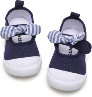 Toddler Girl's Canvas Sneakers Bowknot Mary Jane Flat Shoes for Kids School Uniform Shoes Dress Shoes…
