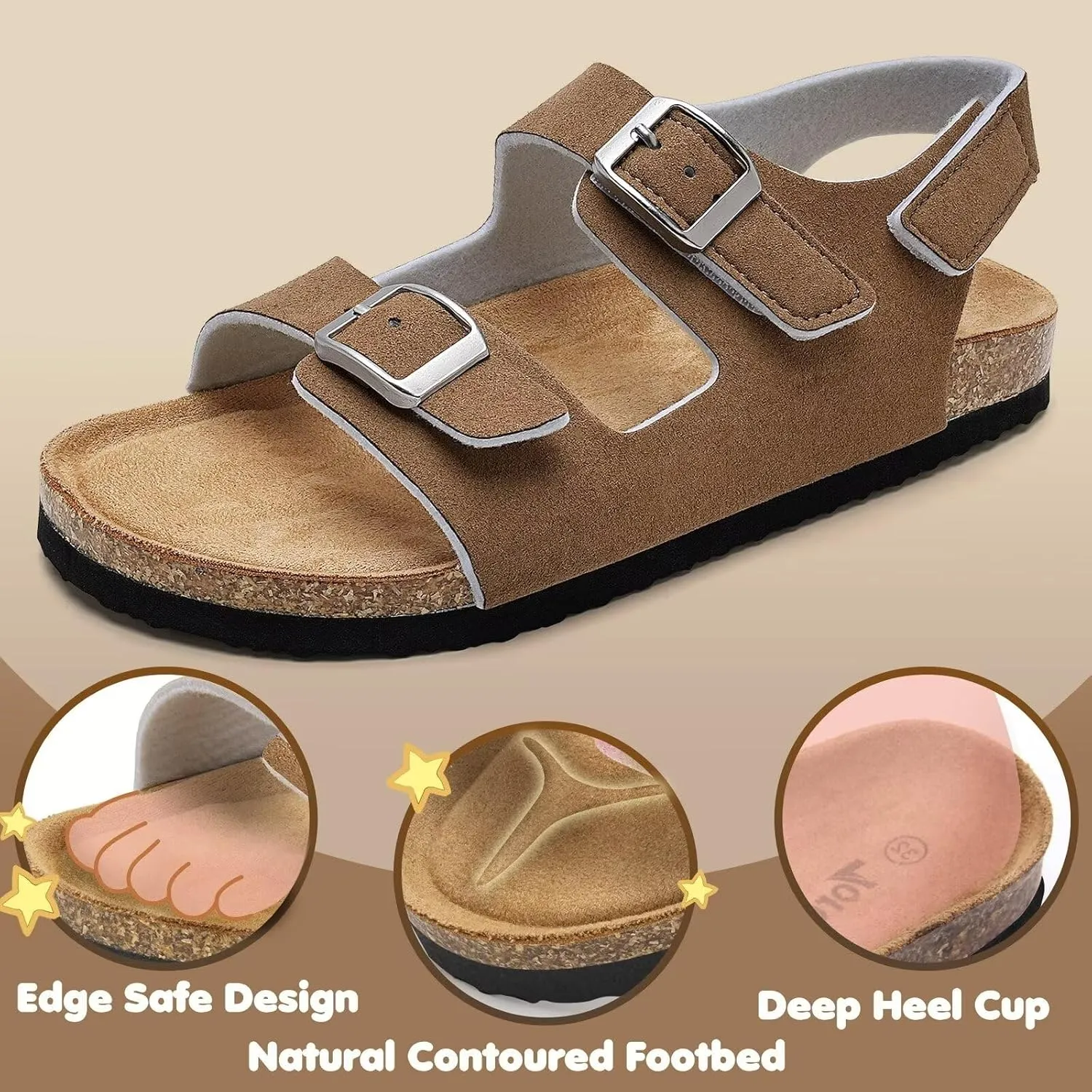 Torotto Toddler Kids Sandals Boys Girls Cork Footbed Sandals with Adjustable Buckle Casual Slides Open Toes Flat