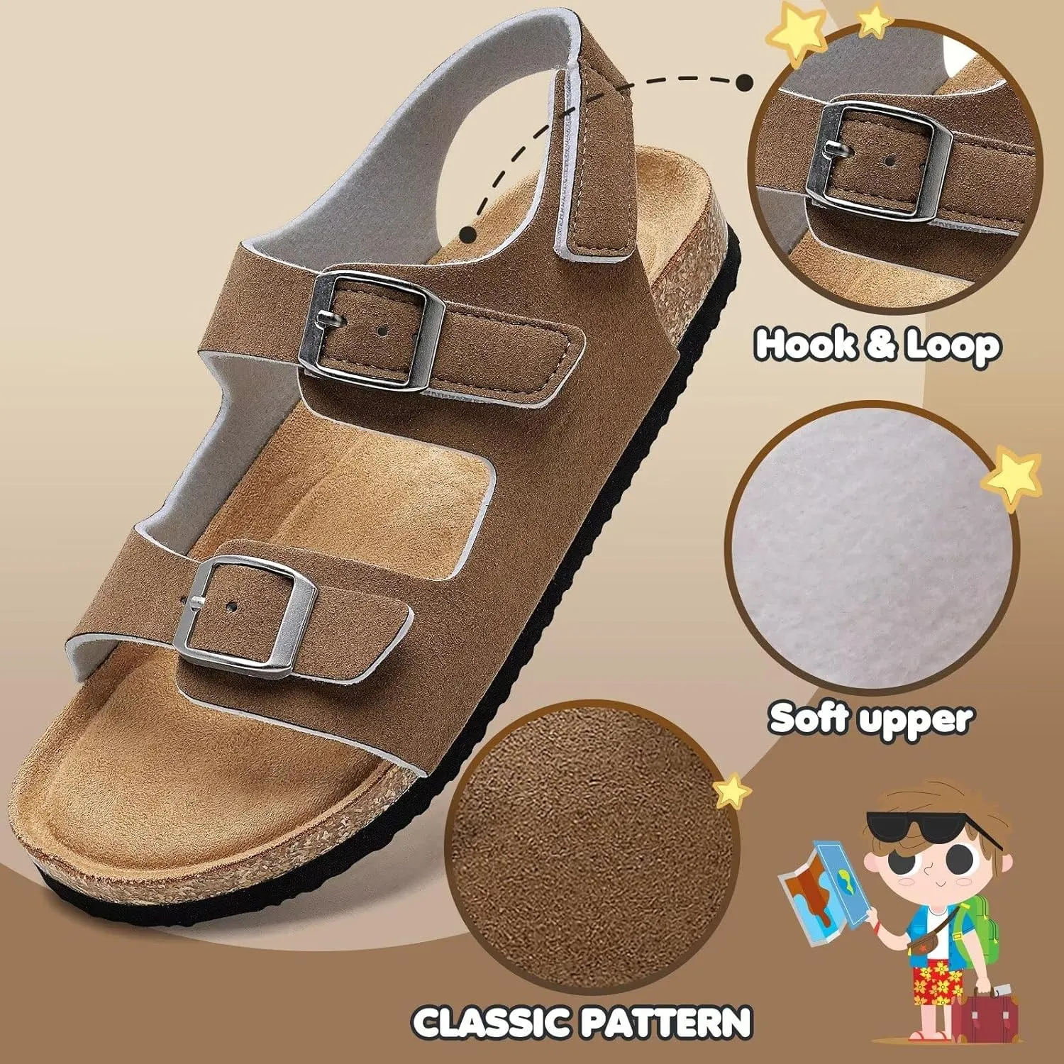 Torotto Toddler Kids Sandals Boys Girls Cork Footbed Sandals with Adjustable Buckle Casual Slides Open Toes Flat