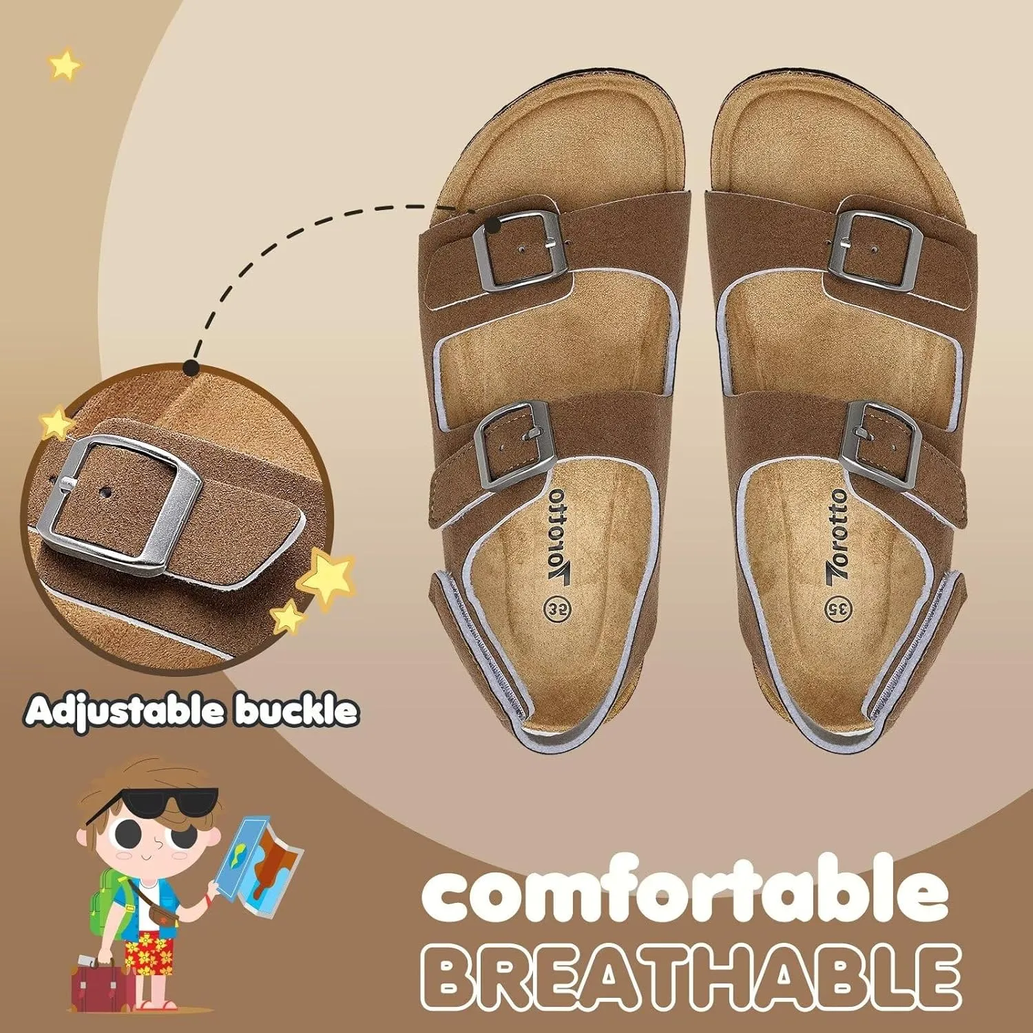 Torotto Toddler Kids Sandals Boys Girls Cork Footbed Sandals with Adjustable Buckle Casual Slides Open Toes Flat