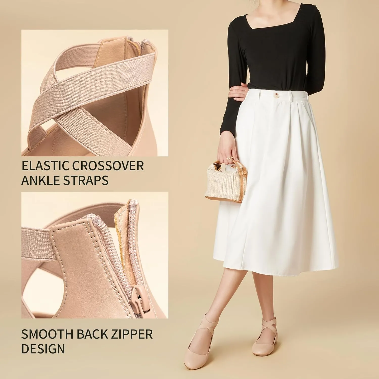 Trary Ballet Flats - Women's Mary Jane Shoes, Elastic Ankle Straps, Round Toe Dress Shoes for Business Casual Occasions