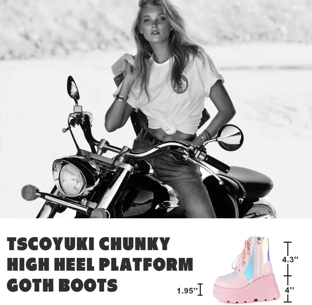 Tscoyuki Platform Ankle Boots for Women Chunky High Heel Booties Goth Round Toe Combat Boots Women Lace Up Motorcycle Wedges