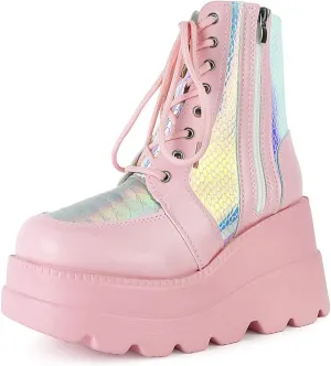 Tscoyuki Platform Ankle Boots for Women Chunky High Heel Booties Goth Round Toe Combat Boots Women Lace Up Motorcycle Wedges