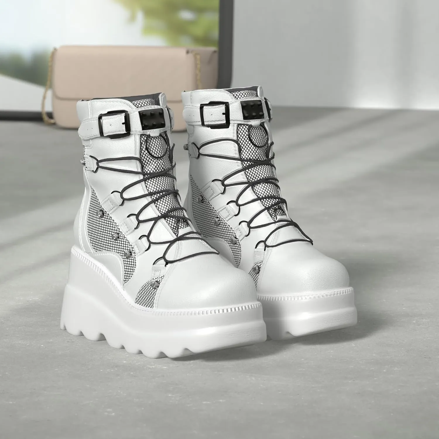 Tscoyuki Platform Ankle Boots for Women Chunky High Heel Booties Goth Round Toe Combat Boots Women Lace Up Motorcycle Wedges