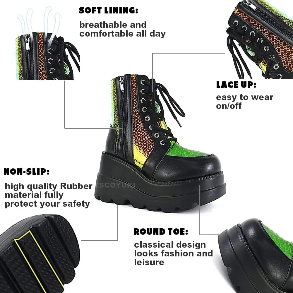Tscoyuki Platform Ankle Boots for Women Chunky High Heel Booties Goth Round Toe Combat Boots Women Lace Up Motorcycle Wedges