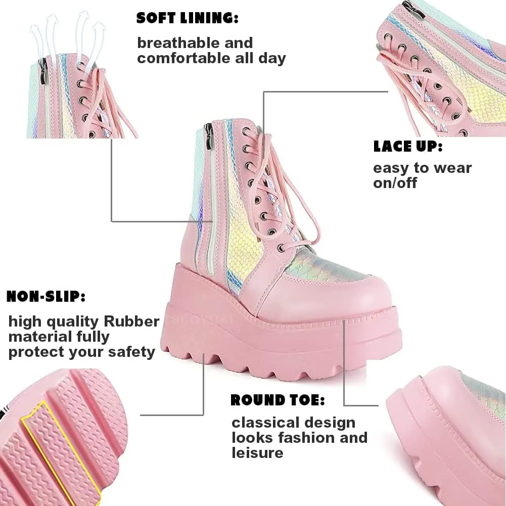 Tscoyuki Platform Ankle Boots for Women Chunky High Heel Booties Goth Round Toe Combat Boots Women Lace Up Motorcycle Wedges