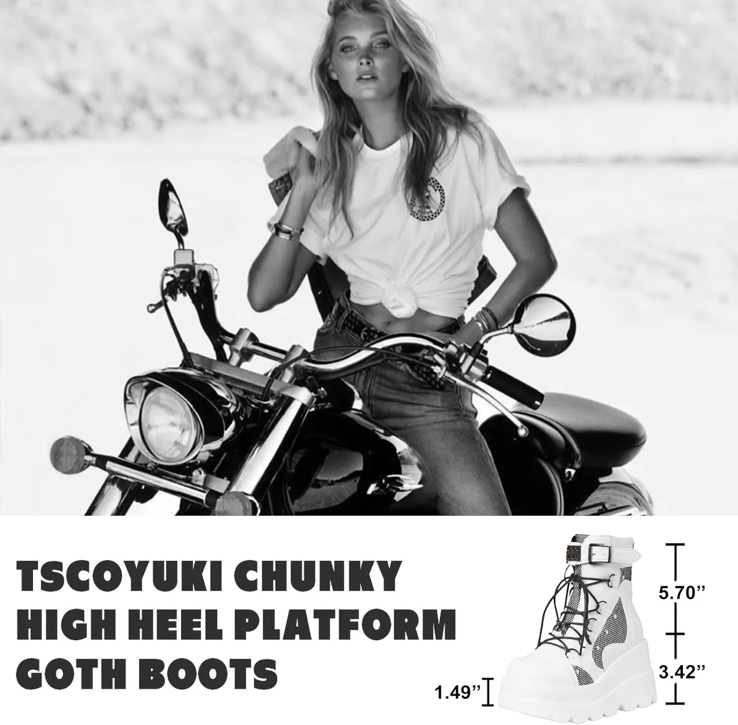 Tscoyuki Platform Ankle Boots for Women Chunky High Heel Booties Goth Round Toe Combat Boots Women Lace Up Motorcycle Wedges