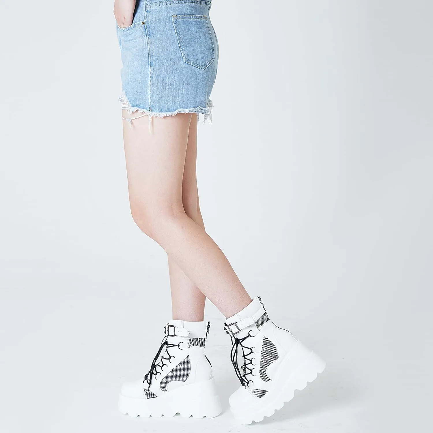 Tscoyuki Platform Ankle Boots for Women Chunky High Heel Booties Goth Round Toe Combat Boots Women Lace Up Motorcycle Wedges