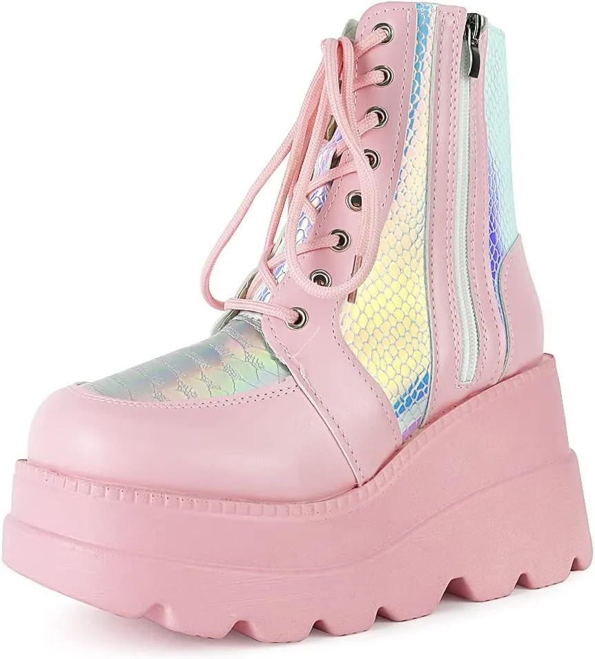 Tscoyuki Platform Ankle Boots for Women Chunky High Heel Booties Goth Round Toe Combat Boots Women Lace Up Motorcycle Wedges