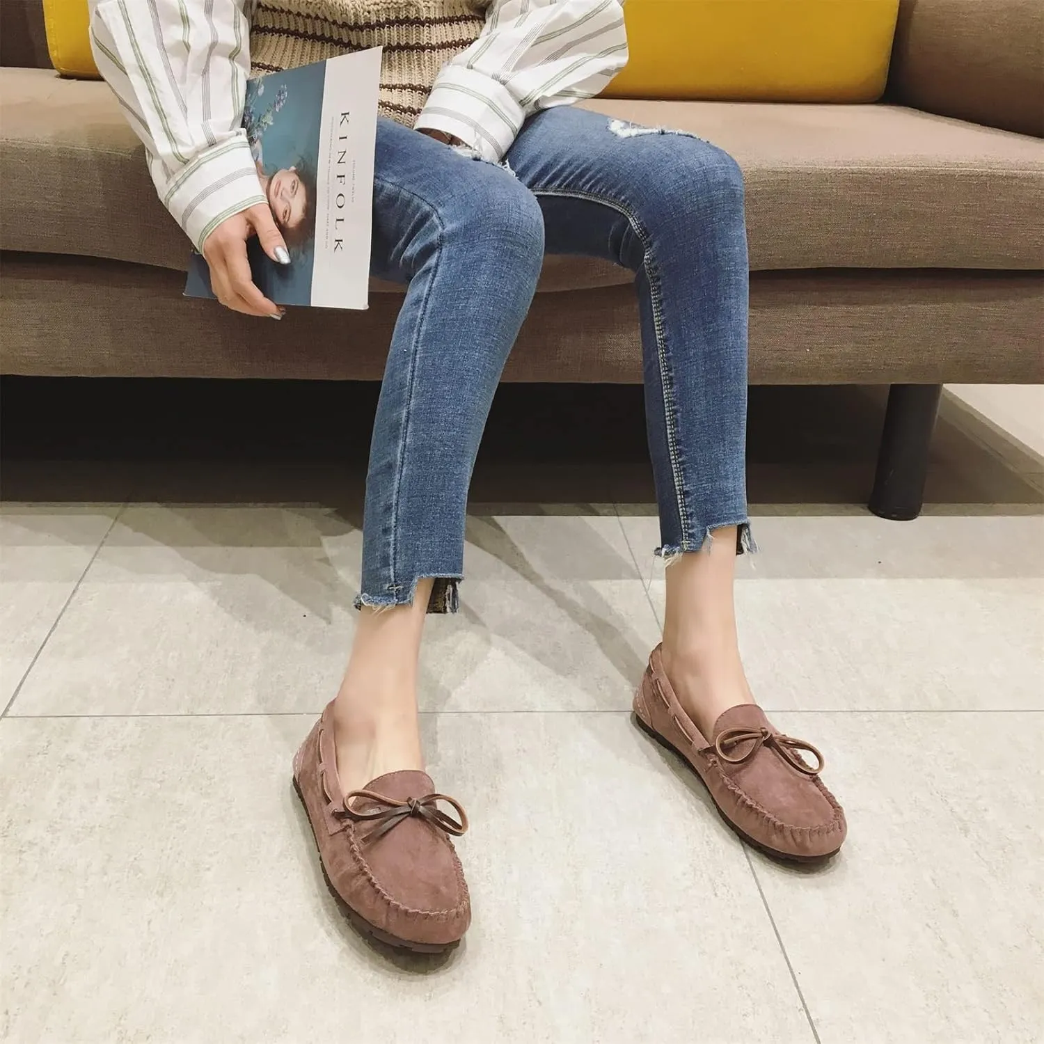 Unifizz Women's Casual Bowknot Moccasins Driving Loafers Slip on Indoor and Outdoor Flat Shoes