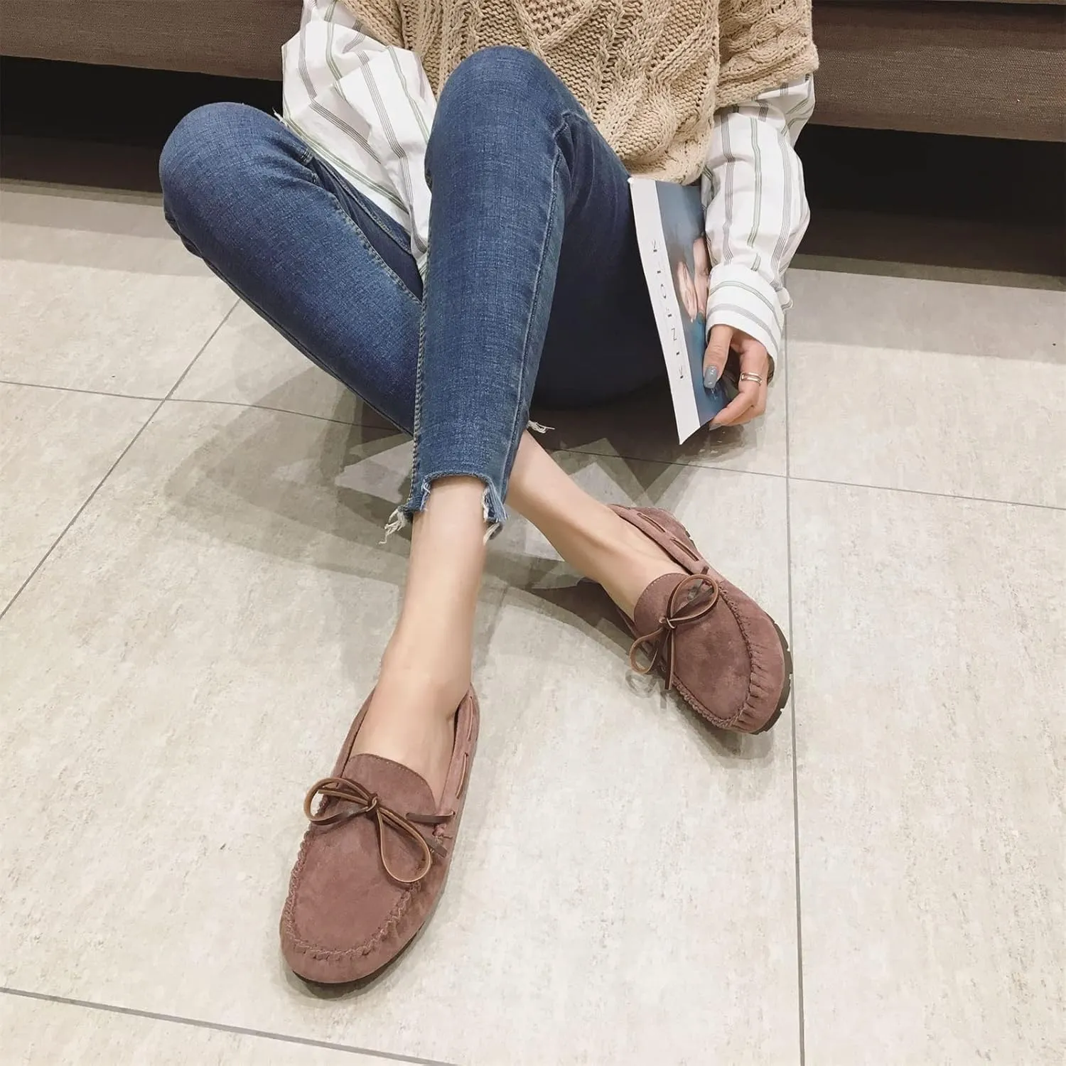 Unifizz Women's Casual Bowknot Moccasins Driving Loafers Slip on Indoor and Outdoor Flat Shoes