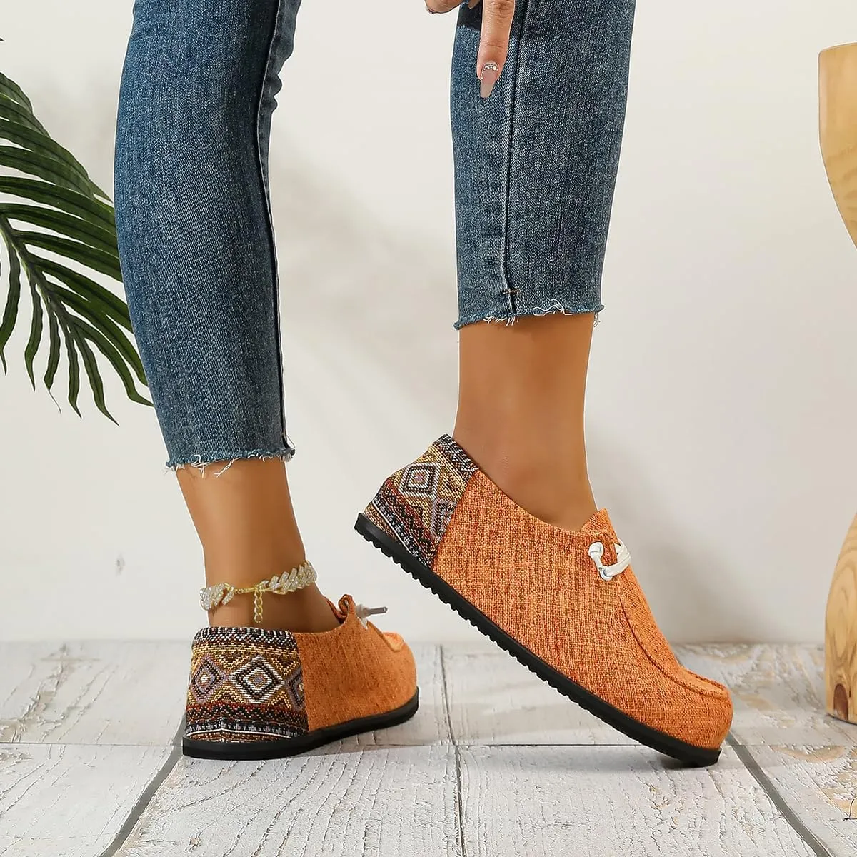 Unisex Orange Loafers for Men & Women – Slip-On Casual Shoes with Colorful Geometric Heel Detail, Lightweight Non-Slip Rubber Sole