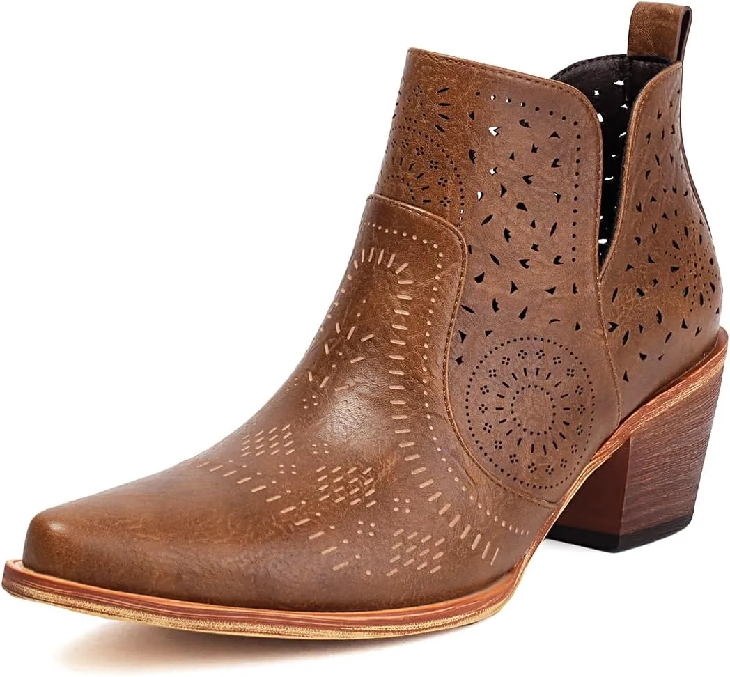 UTIKLIOU Women's Ankle Boots Slip on Cutout Pointed Toe Chunky Stacked Mid Heel Boots Faux Leather Short Booties
